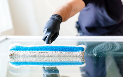 Man uses a squeegee to clean a commercial window.