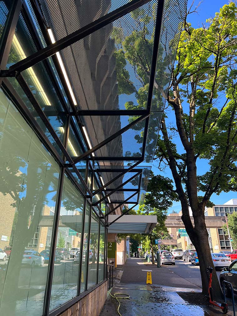 Clean commercial awnings in the sunshine.